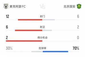 北京国安vs麦克阿瑟FC全场数据:射门比6-12 国安控球率达70% 北京国安vs麦克阿瑟FC全场数据:射门比6-12 国安控球率达70%